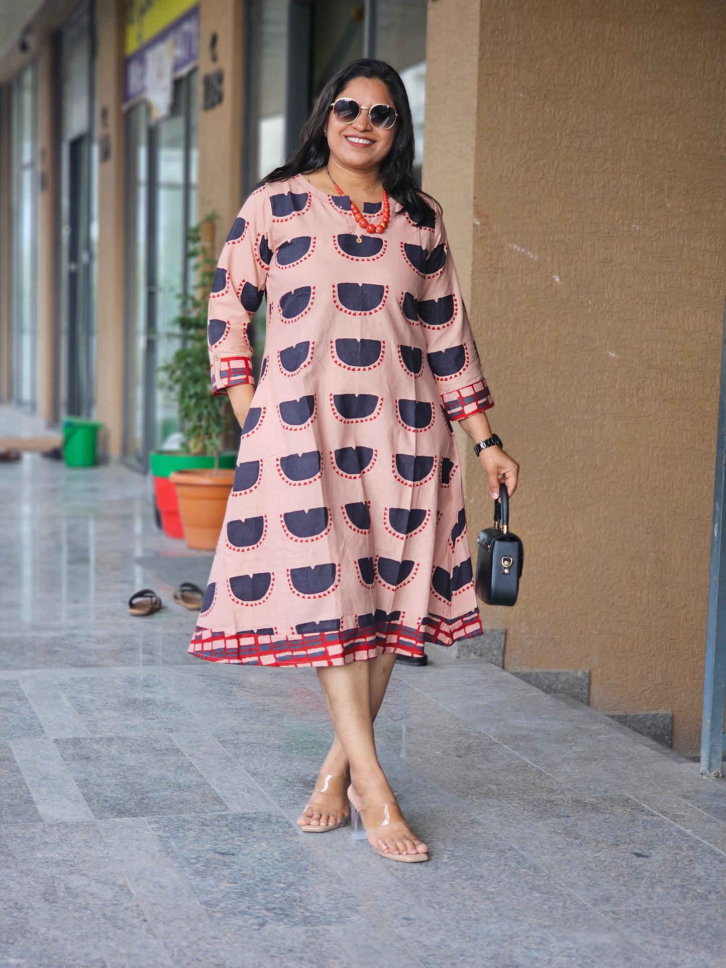 Peach Half-Moon Block Print Flare Dress