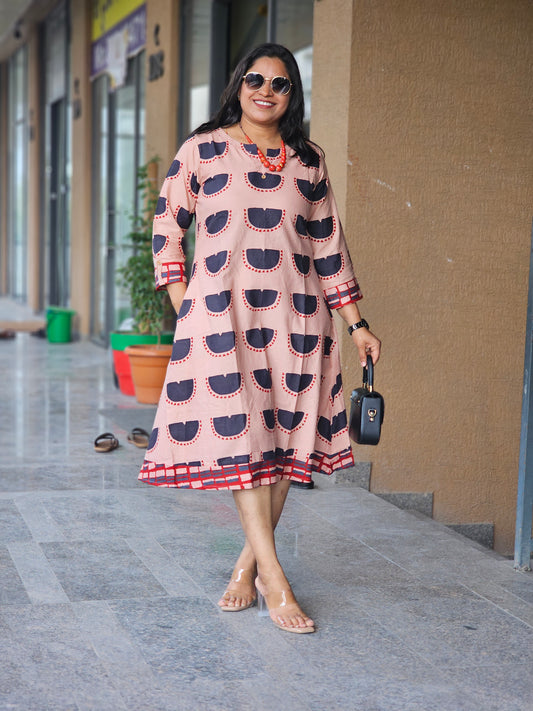 Peach Half-Moon Block Print Flare Dress