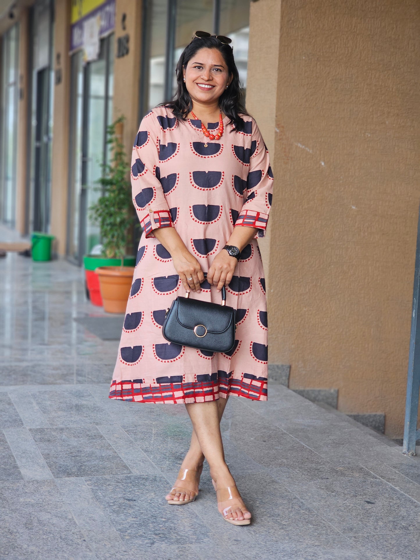 Peach Half-Moon Block Print Flare Dress
