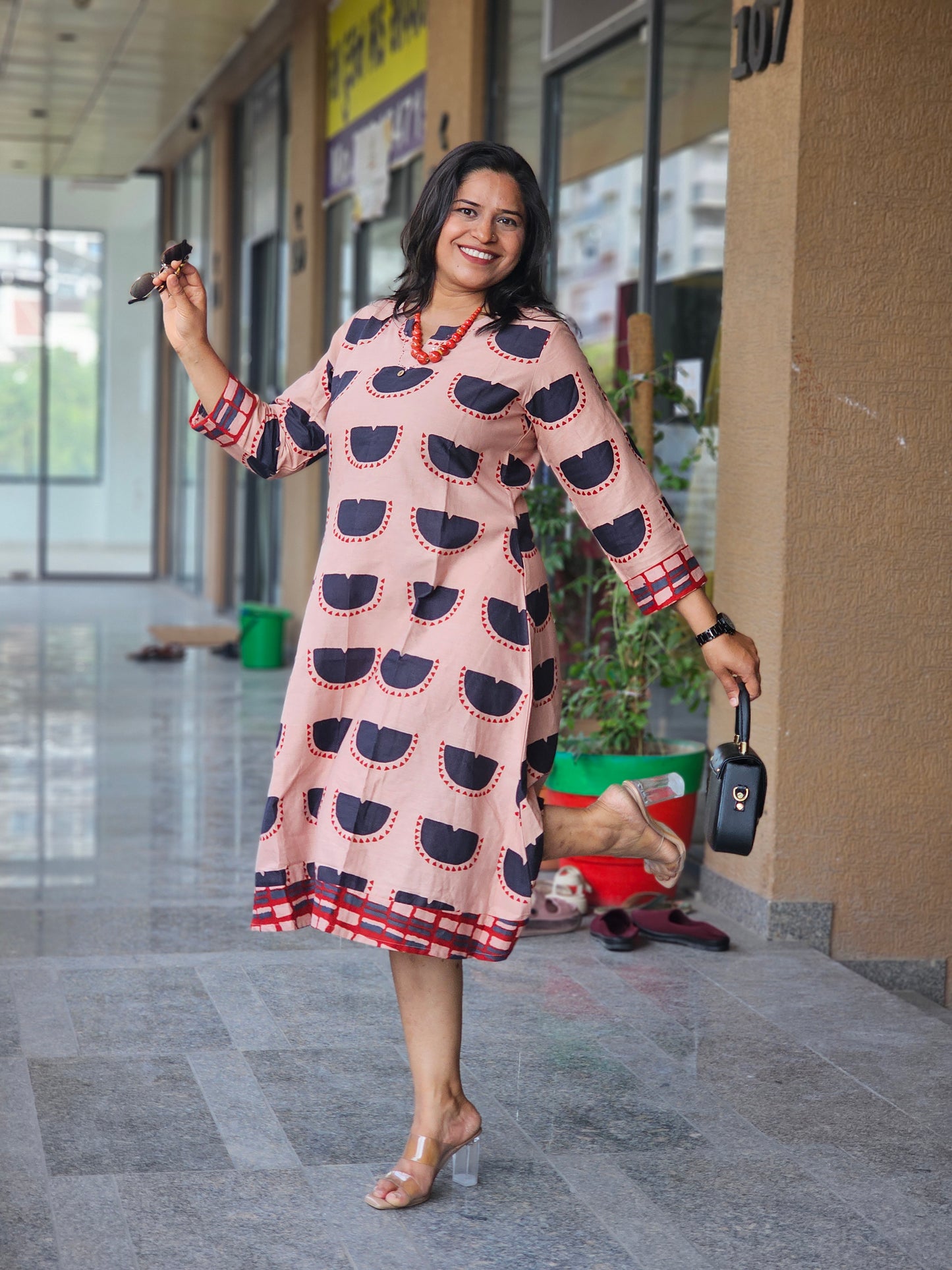 Peach Half-Moon Block Print Flare Dress