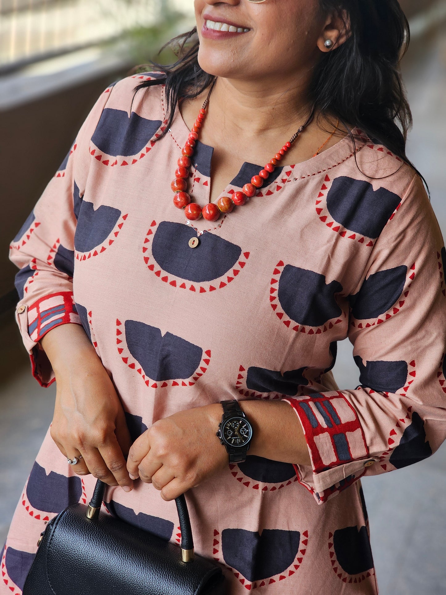 Peach Half-Moon Block Print Flare Dress