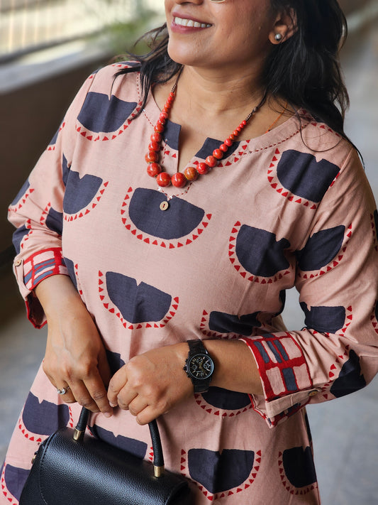 Peach Half-Moon Block Print Flare Dress