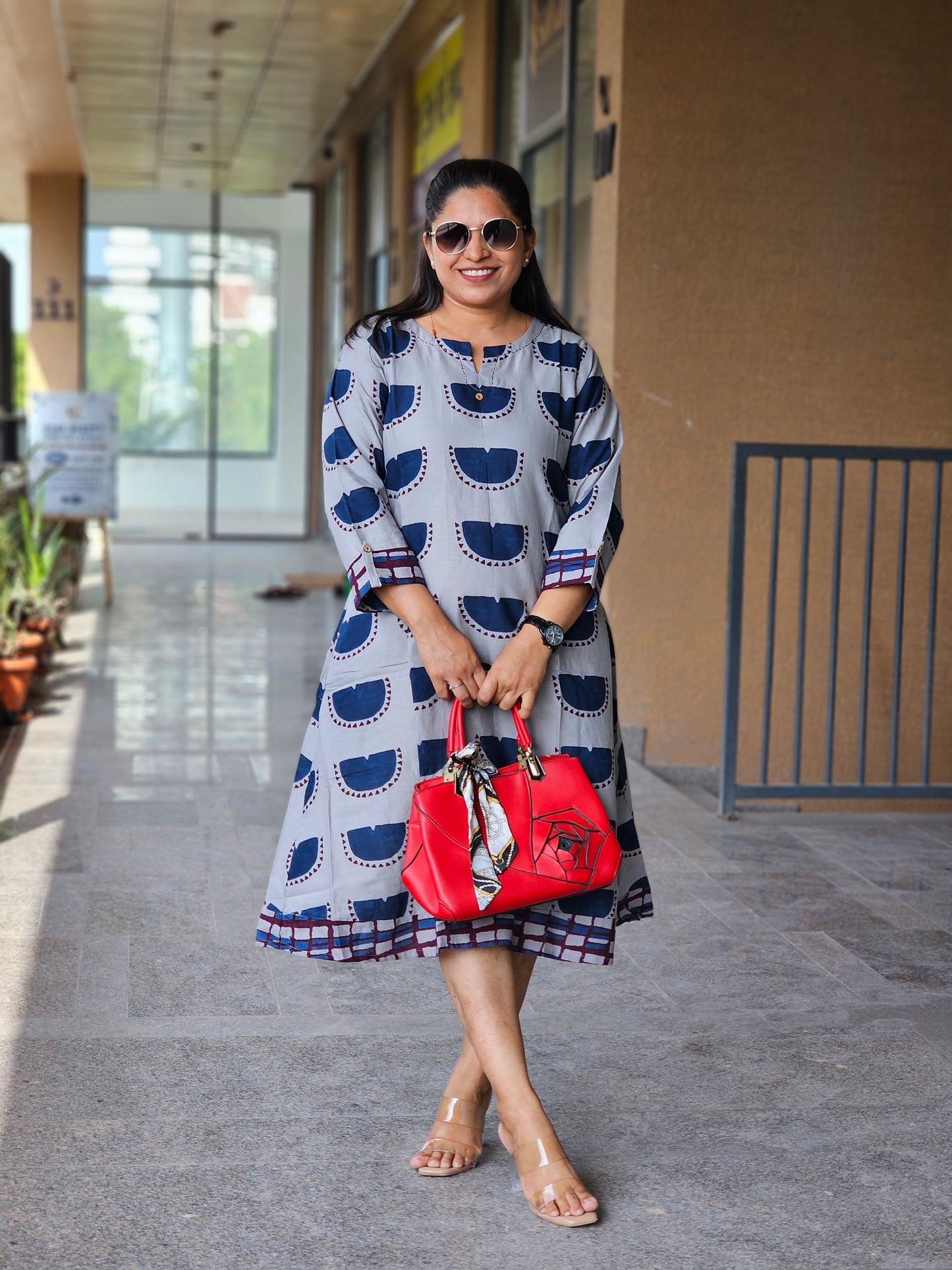 Dusk Grey Half-Moon Print Flare Dress