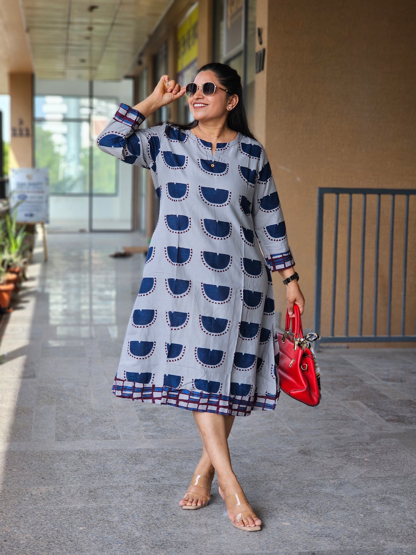 Dusk Grey Half-Moon Print Flare Dress