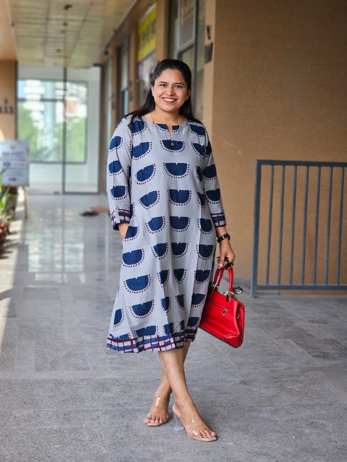 Dusk Grey Half-Moon Print Flare Dress