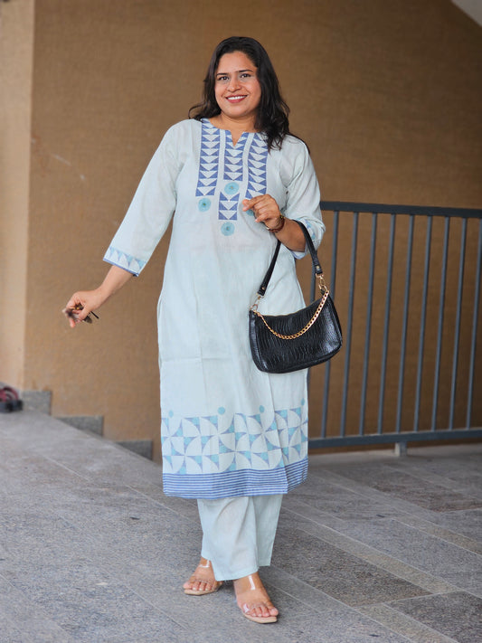 Pastel Blue Geometric Kurta-Pent Set