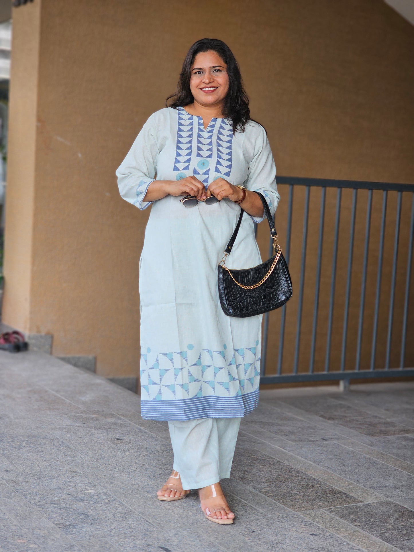 Pastel Blue Geometric Kurta-Pent Set
