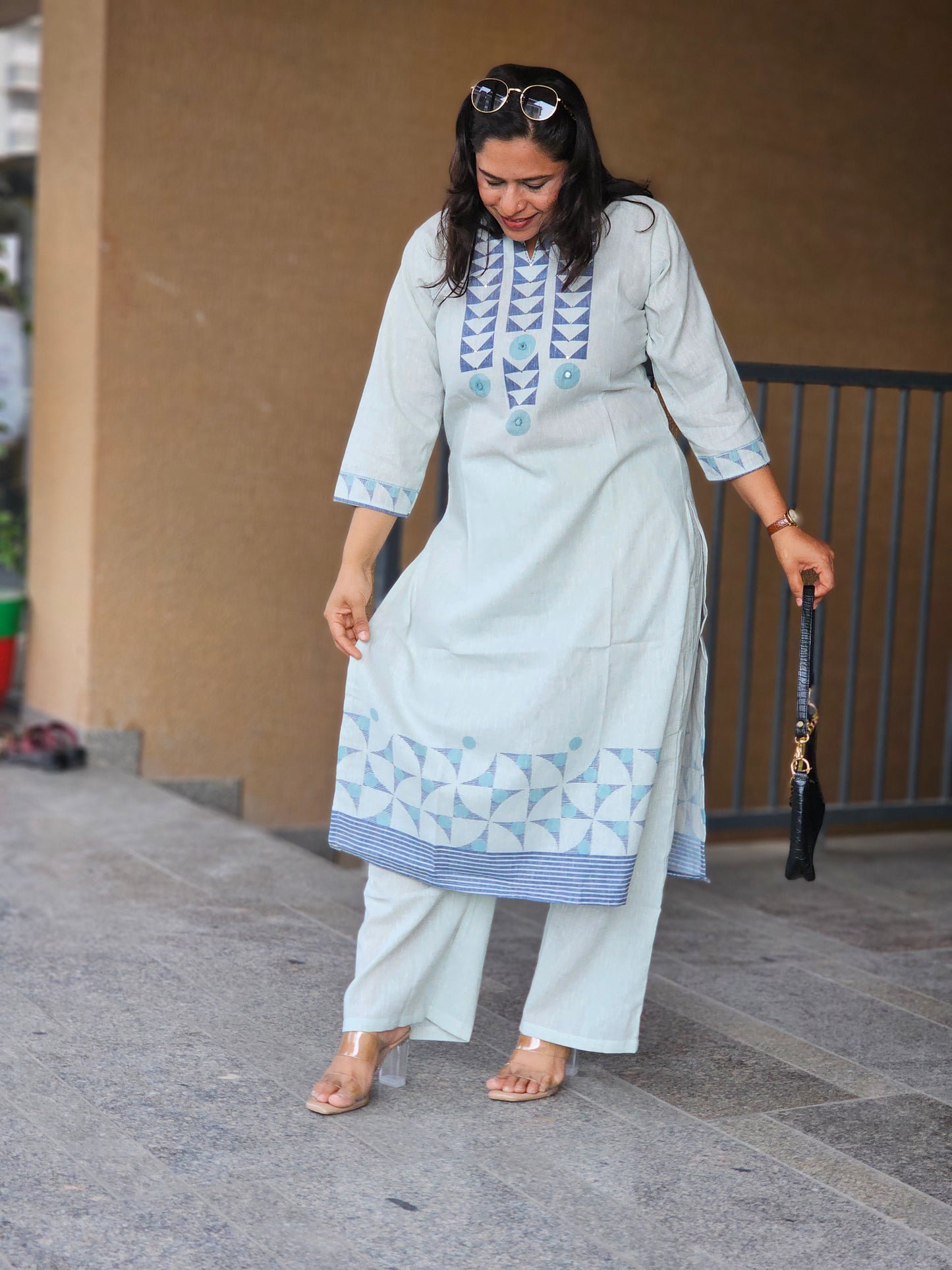 Pastel Blue Geometric Kurta-Pent Set