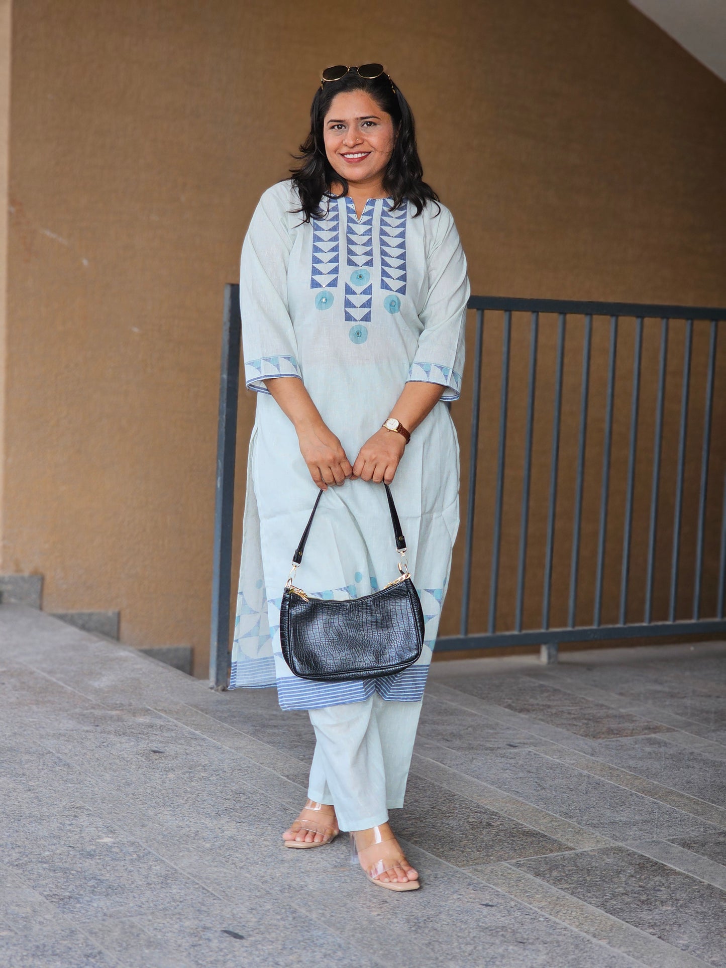 Pastel Blue Geometric Kurta-Pent Set