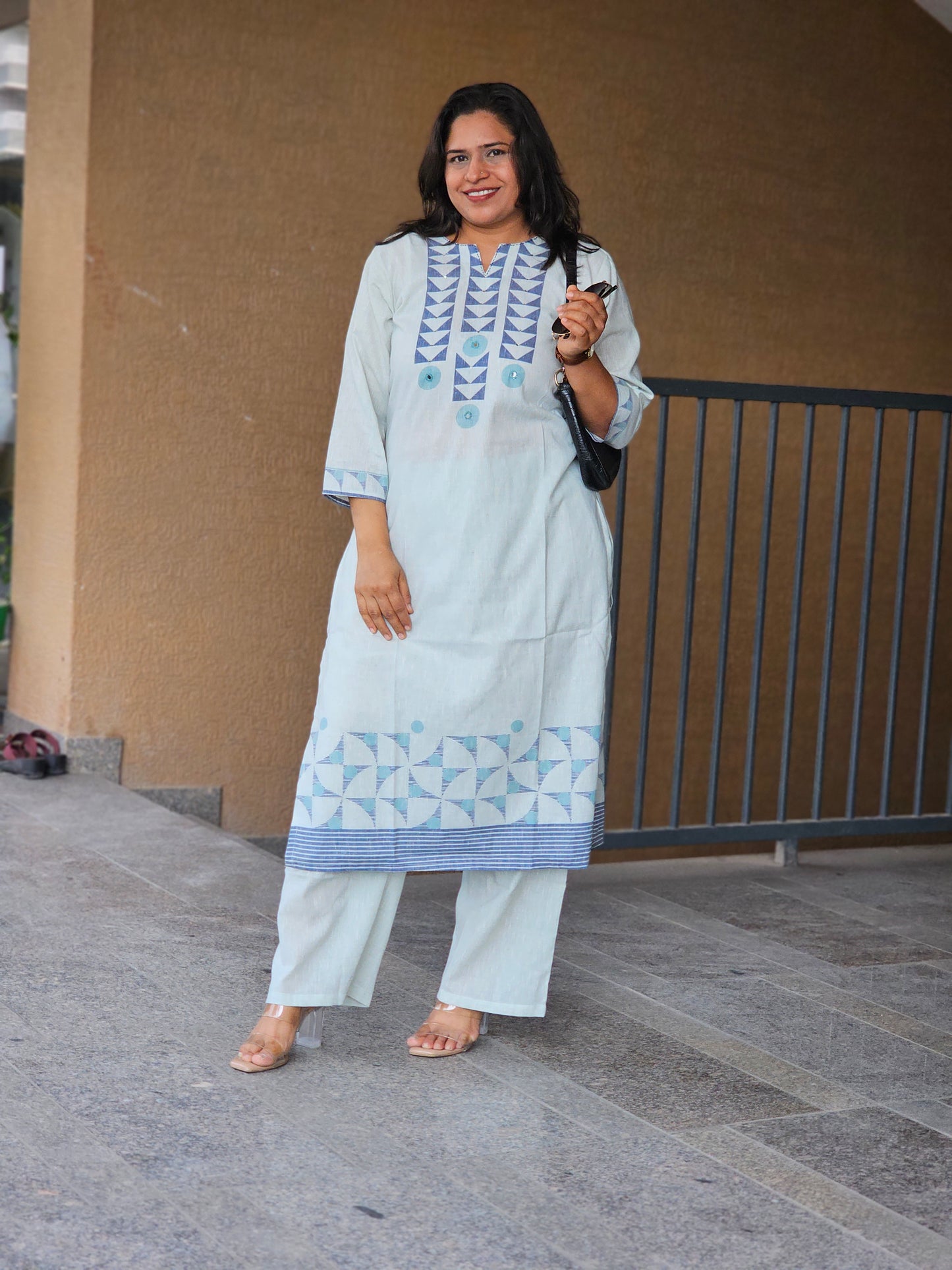 Pastel Blue Geometric Kurta-Pent Set