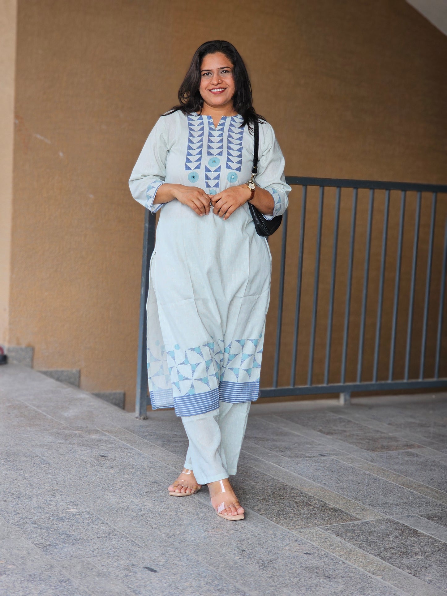 Pastel Blue Geometric Kurta-Pent Set