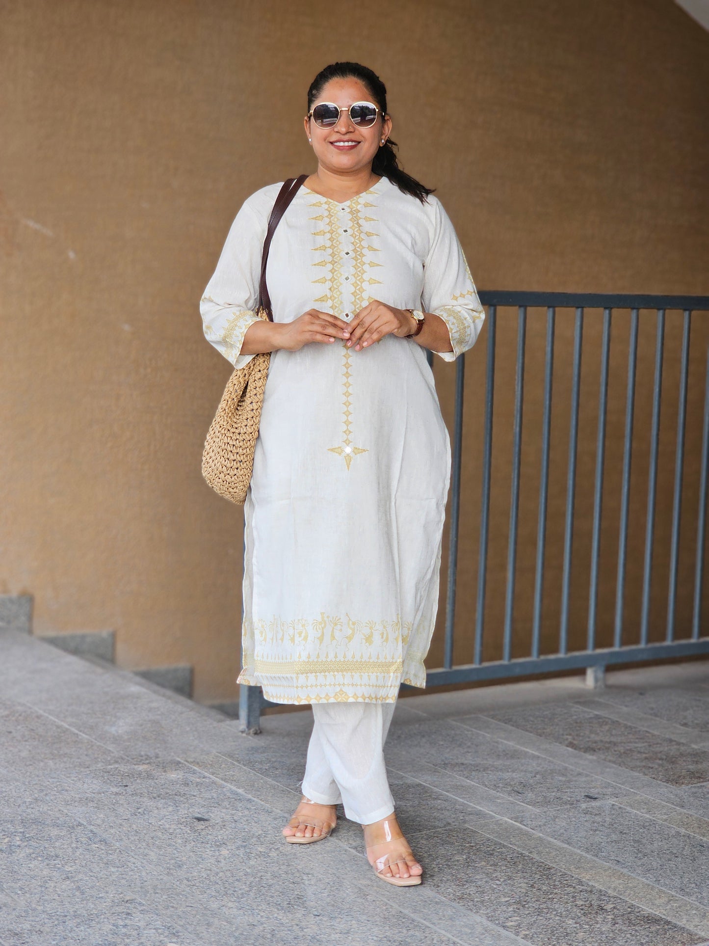 Ivory Gold Geometric Kurta-Pent Set