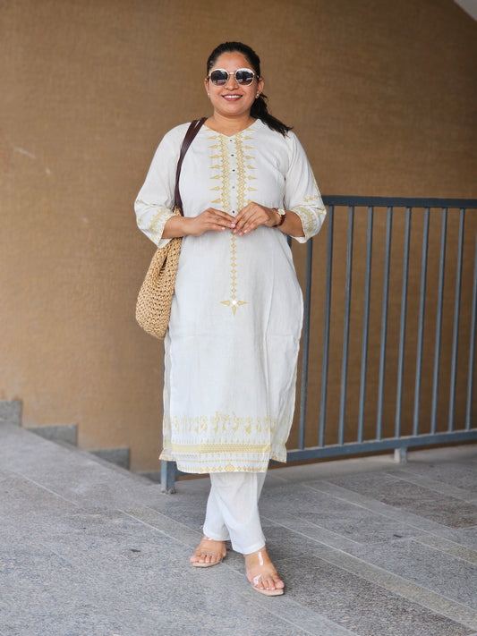 Ivory Gold Geometric Kurta-Pent Set