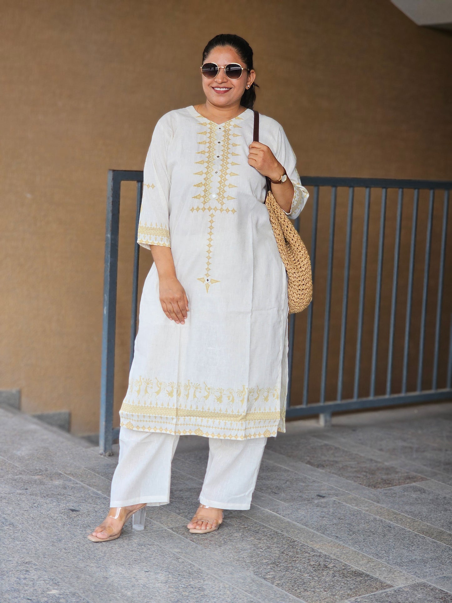 Ivory Gold Geometric Kurta-Pent Set