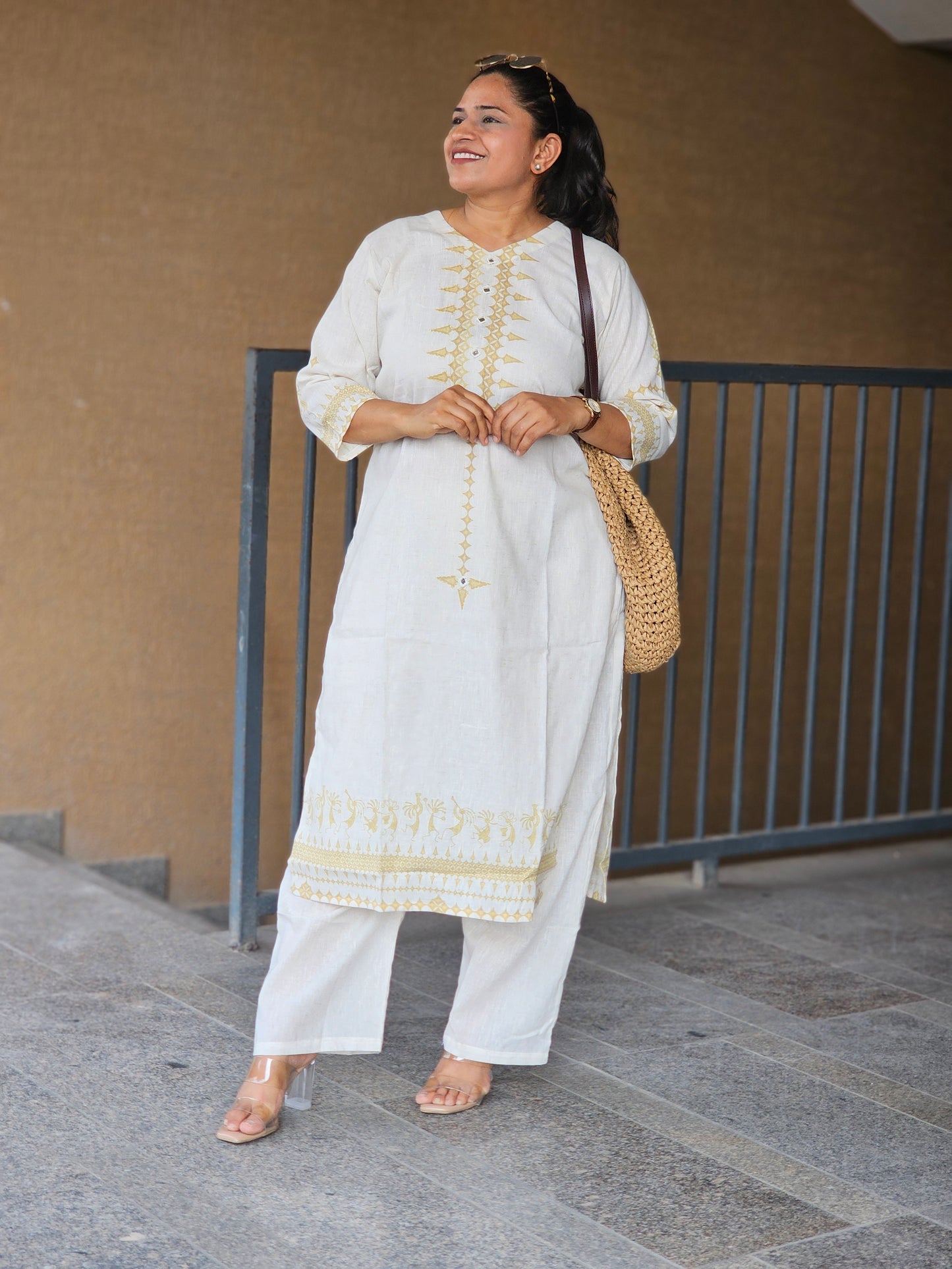 Ivory Gold Geometric Kurta-Pent Set