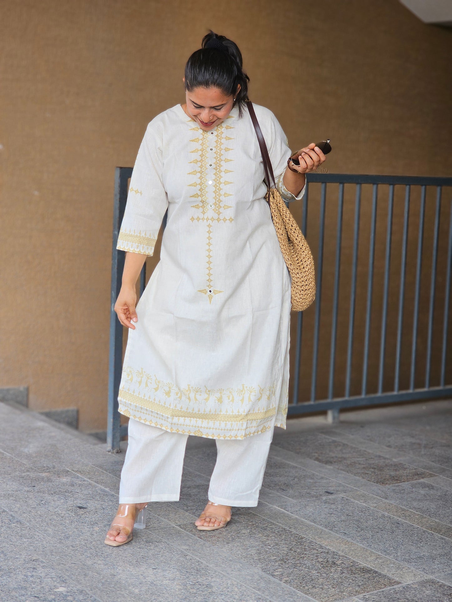 Ivory Gold Geometric Kurta-Pent Set