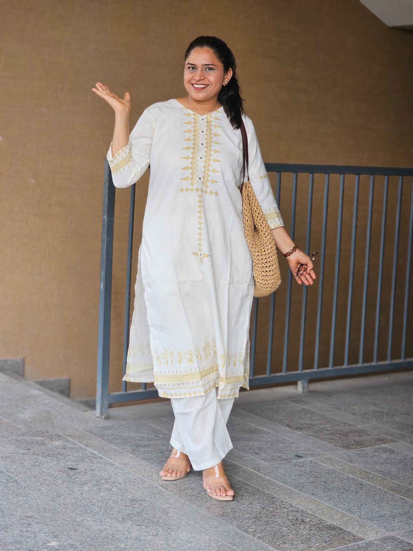 Ivory Gold Geometric Kurta-Pent Set
