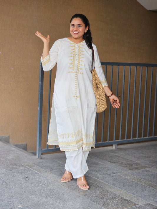 Ivory Gold Geometric Kurta-Pent Set