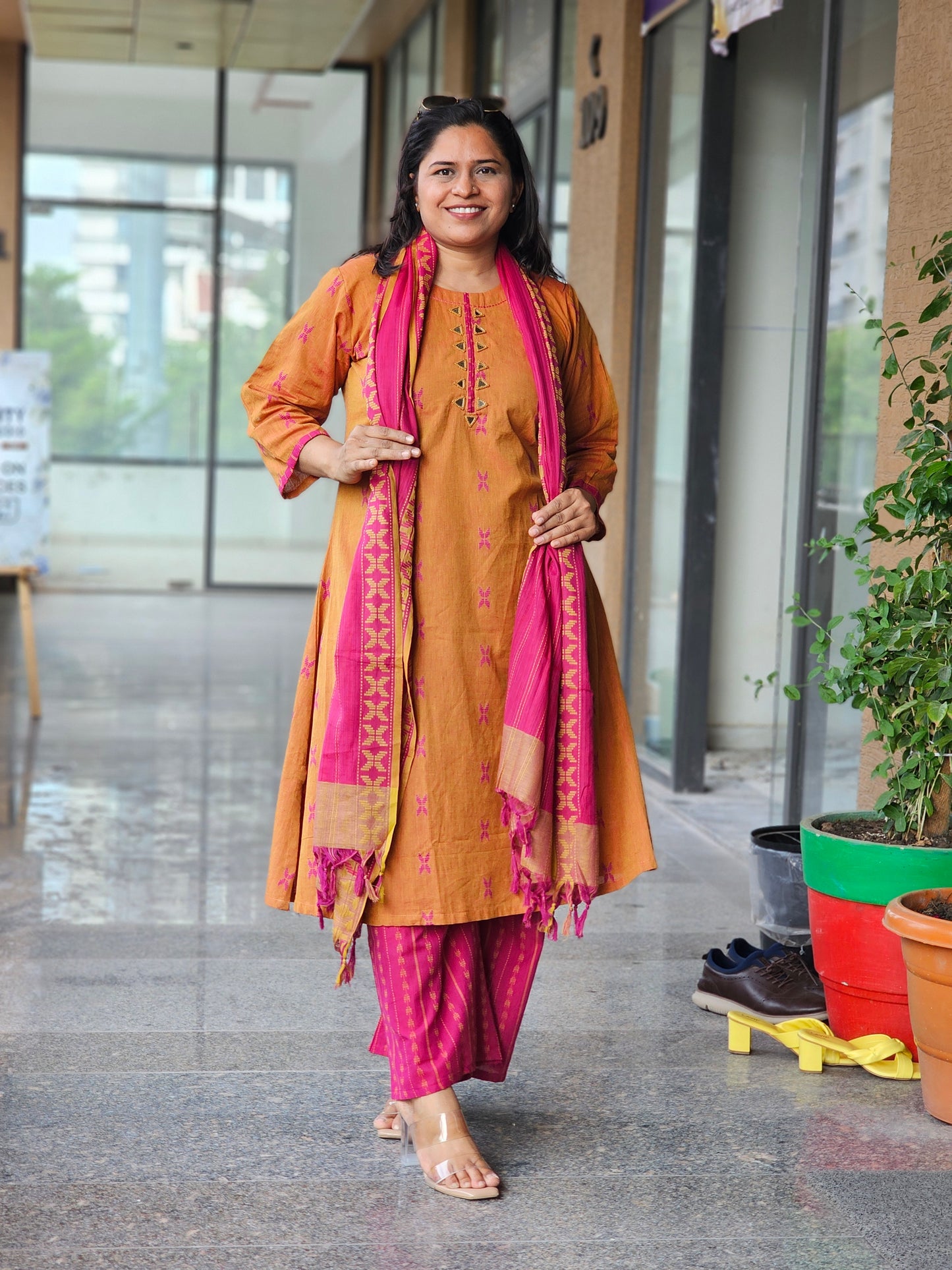 Mustard & Rani Pink Duppata Set