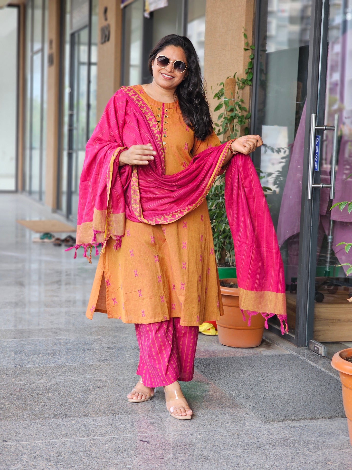 Mustard & Rani Pink Duppata Set