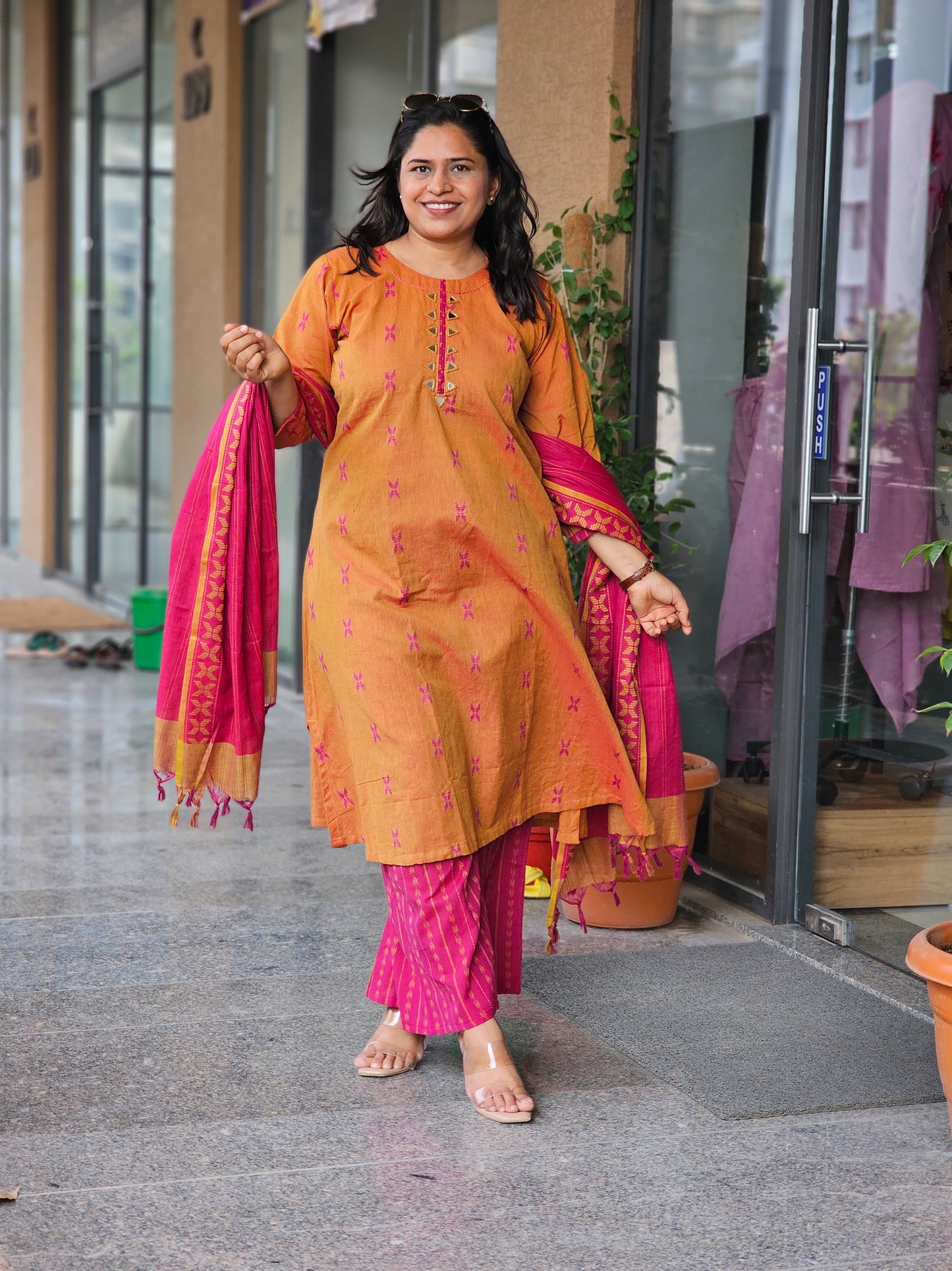 Mustard & Rani Pink Duppata Set