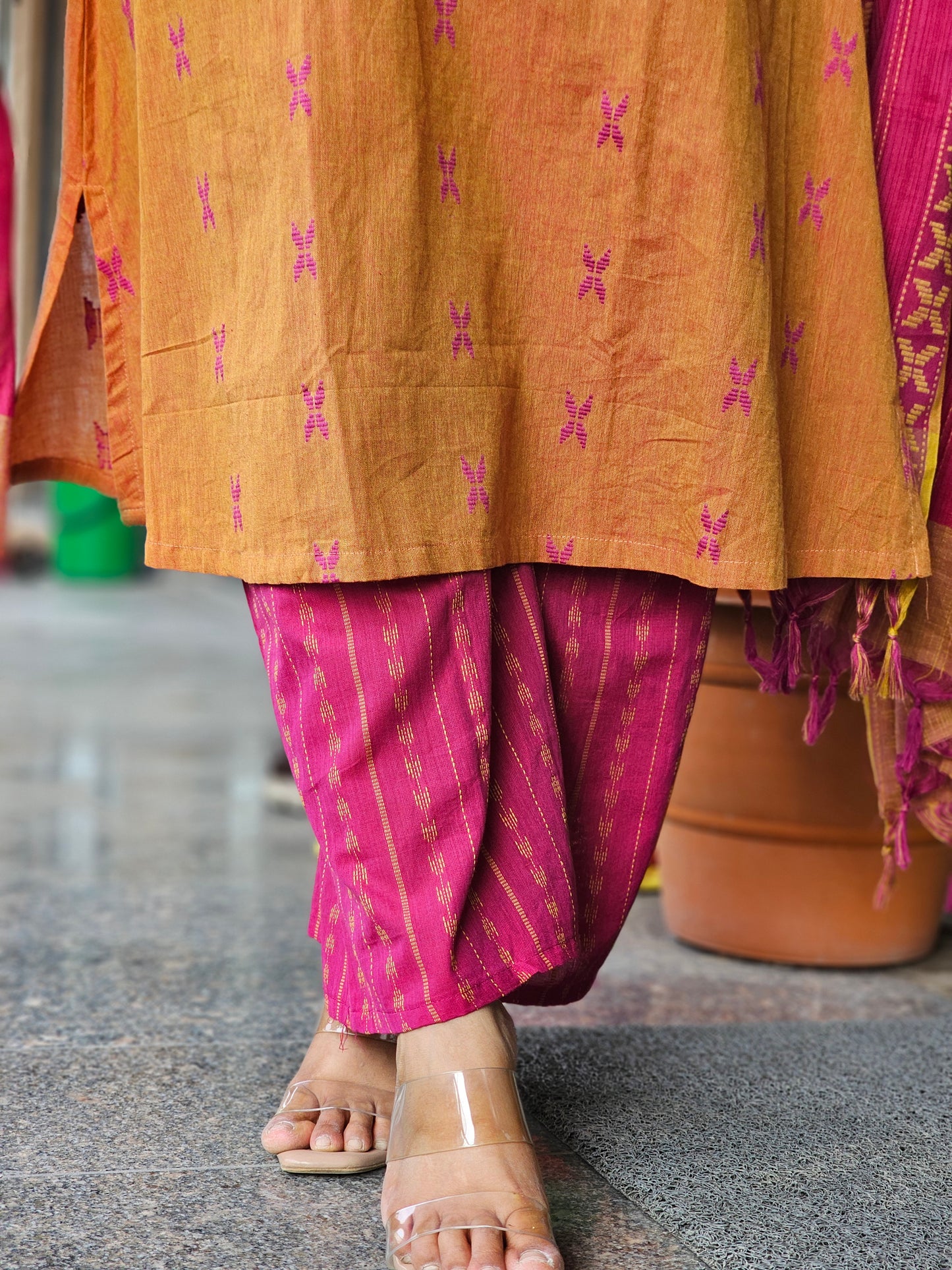 Mustard & Rani Pink Duppata Set