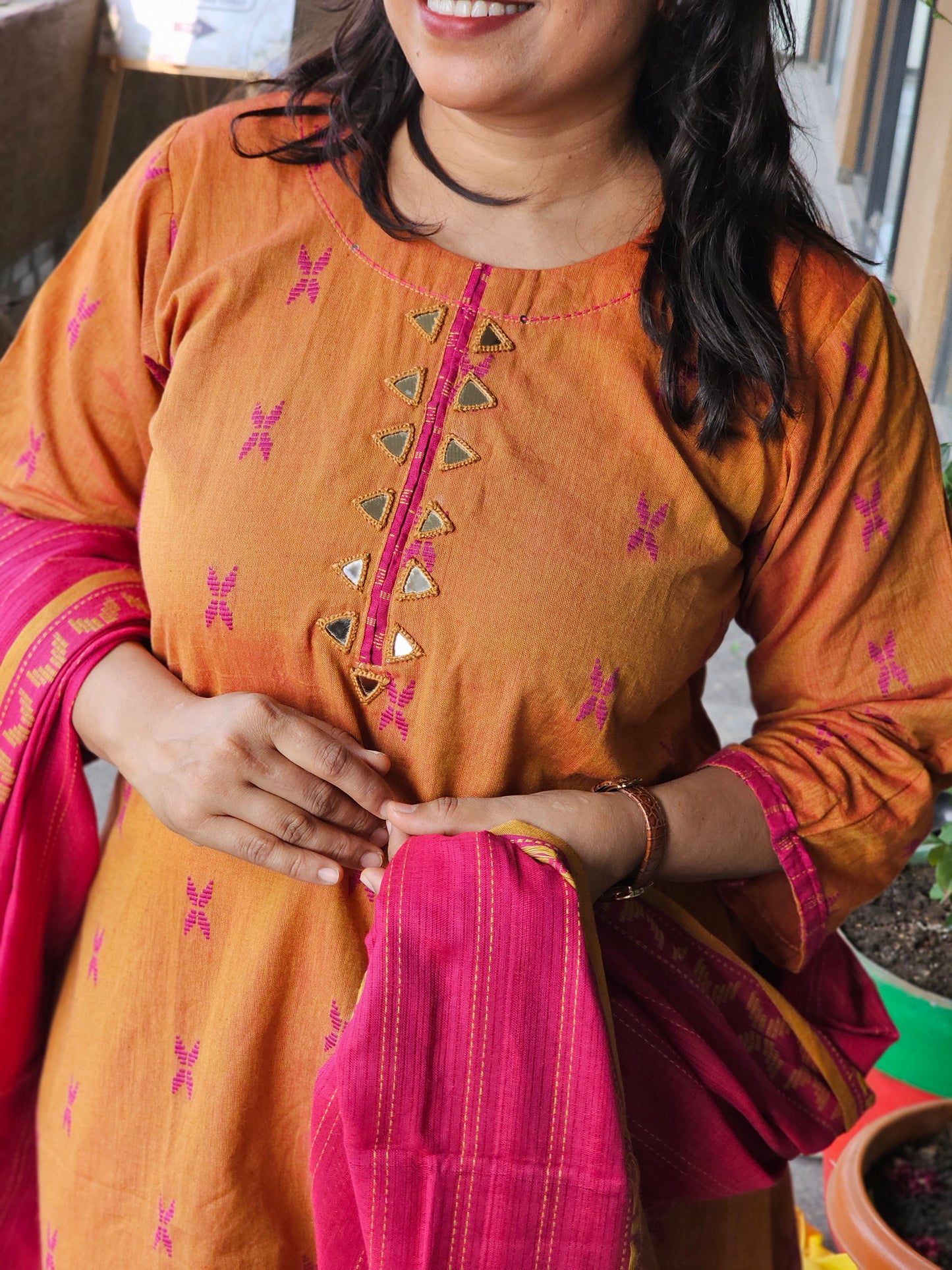 Mustard & Rani Pink Duppata Set