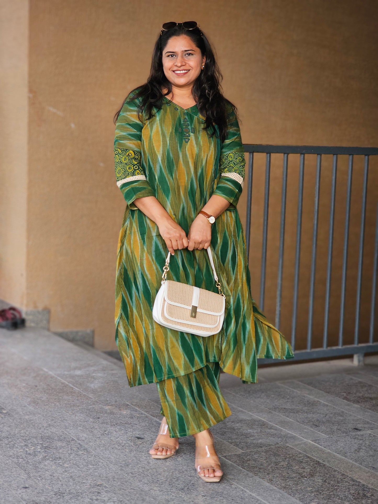 Green Ikat Angrakha Kurta Set
