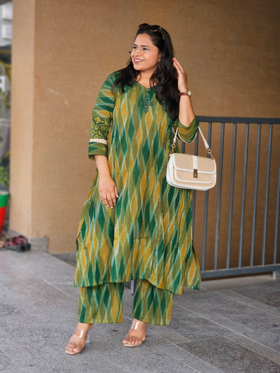 Green Ikat Angrakha Kurta Set