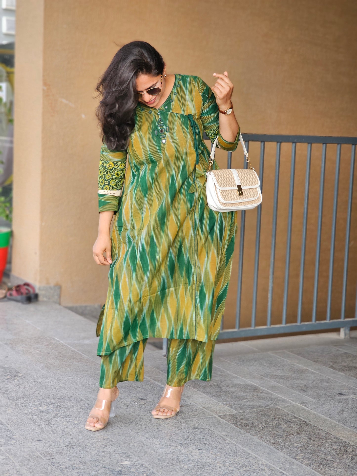 Green Ikat Angrakha Kurta Set