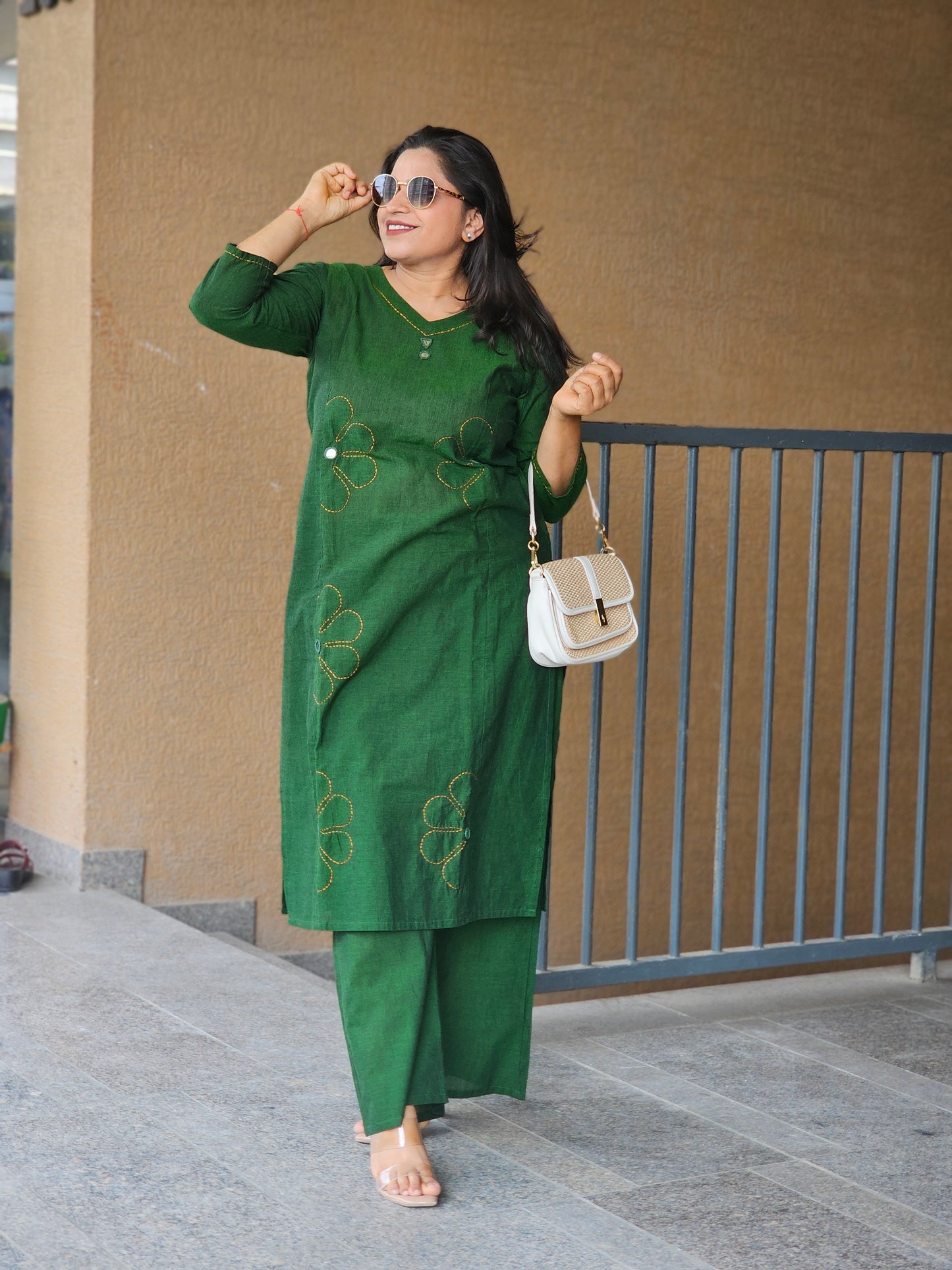 Green Kantha-Style Kurta Pant Set
