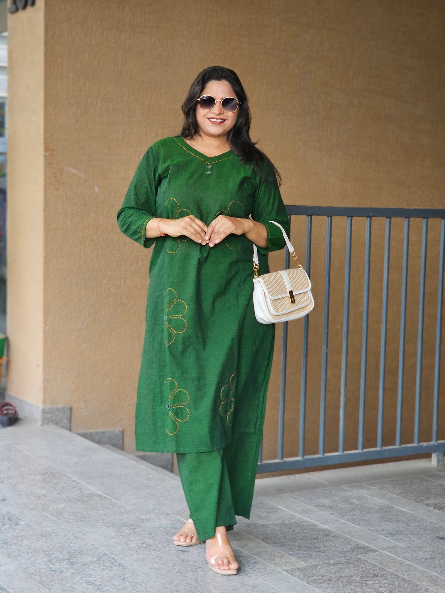 Green Kantha-Style Kurta Pant Set
