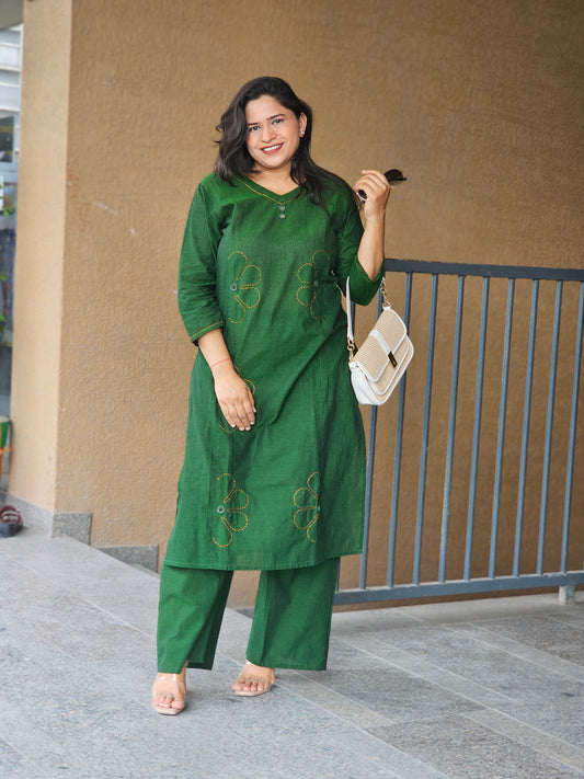 Green Kantha-Style Kurta Pant Set