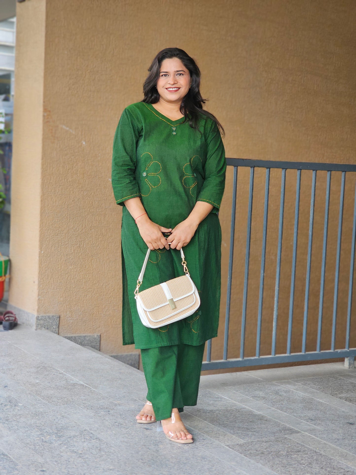 Green Kantha-Style Kurta Pant Set
