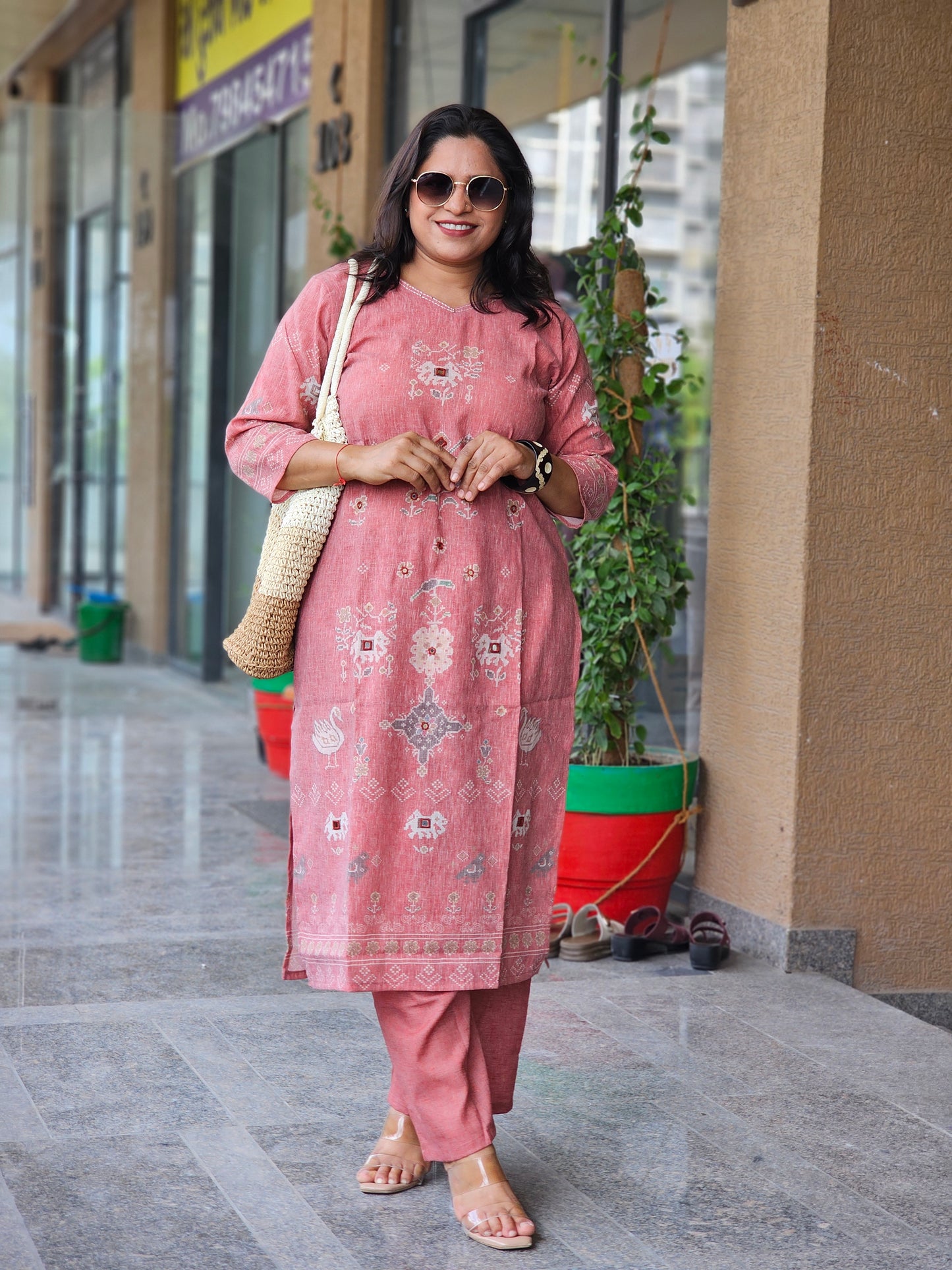 Peach Ajrakh Kurta-Plazo Set