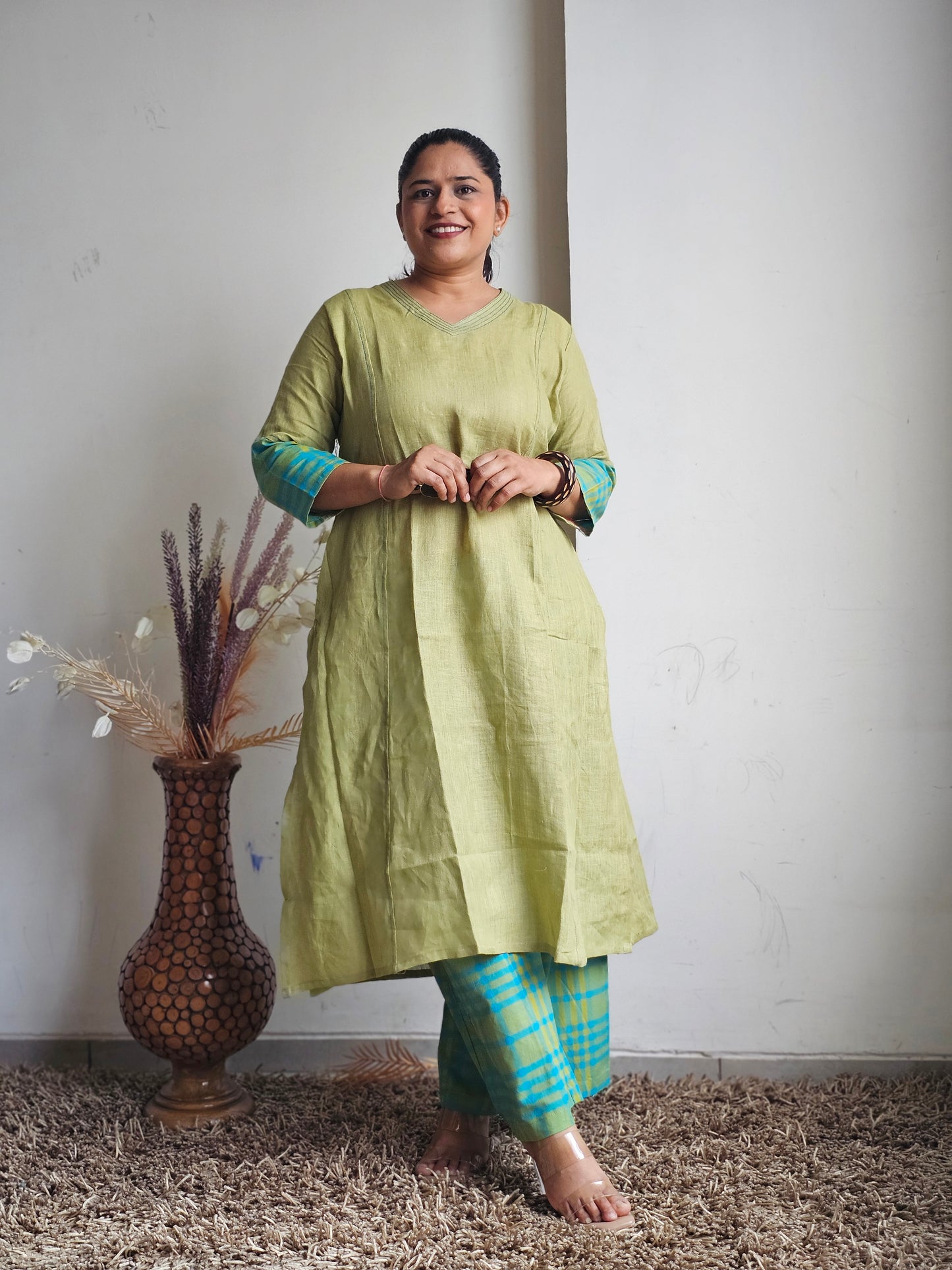 Olive & Blue Checked Line Plazo Set