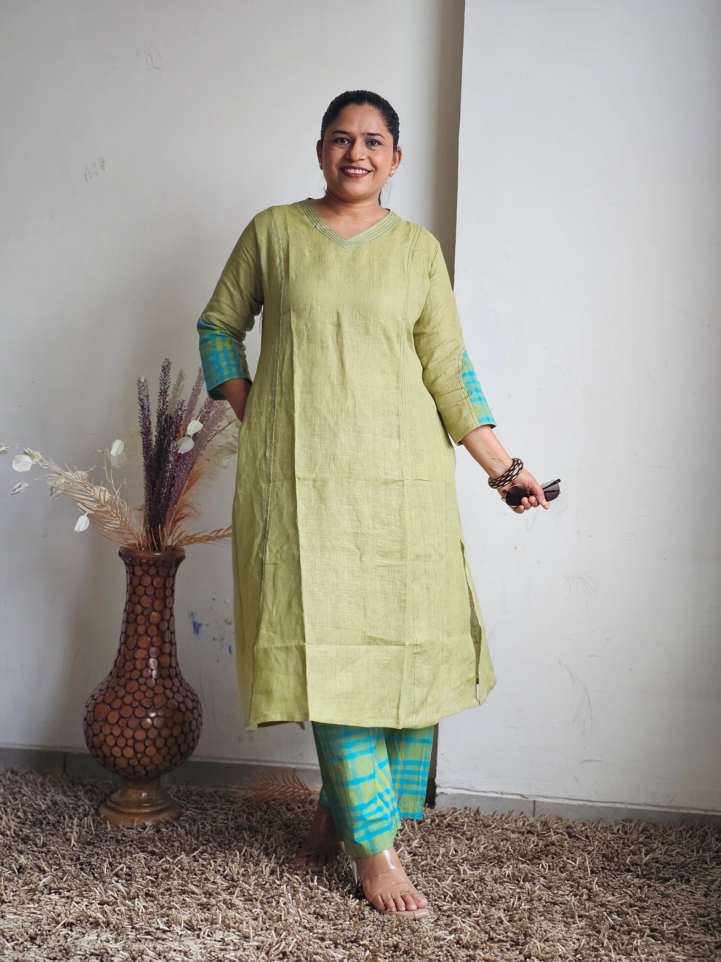 Olive & Blue Checked Line Plazo Set