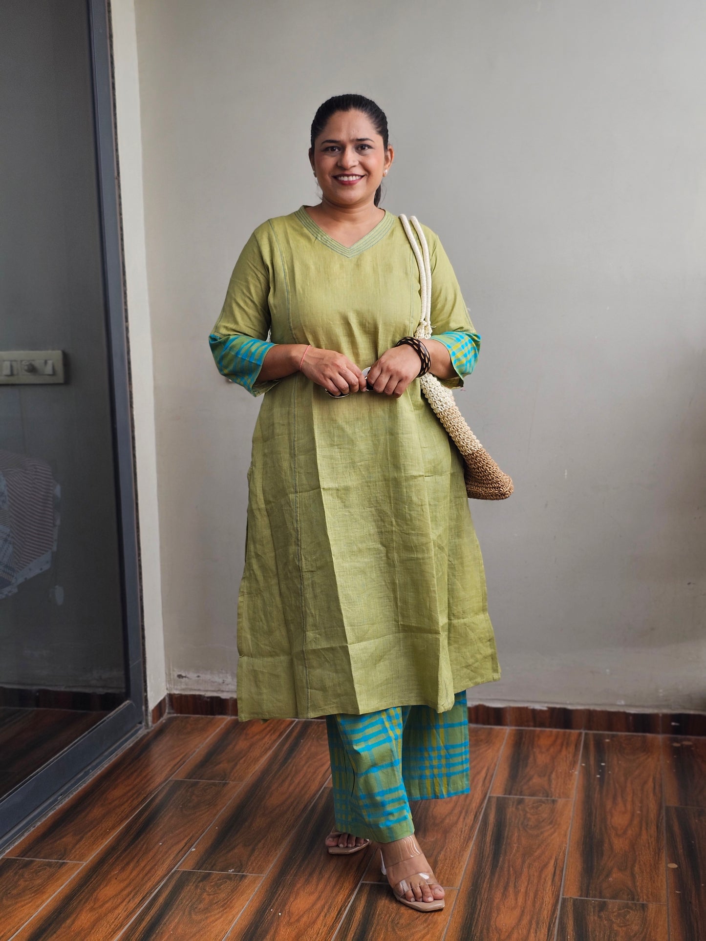 Olive & Blue Checked Line Plazo Set