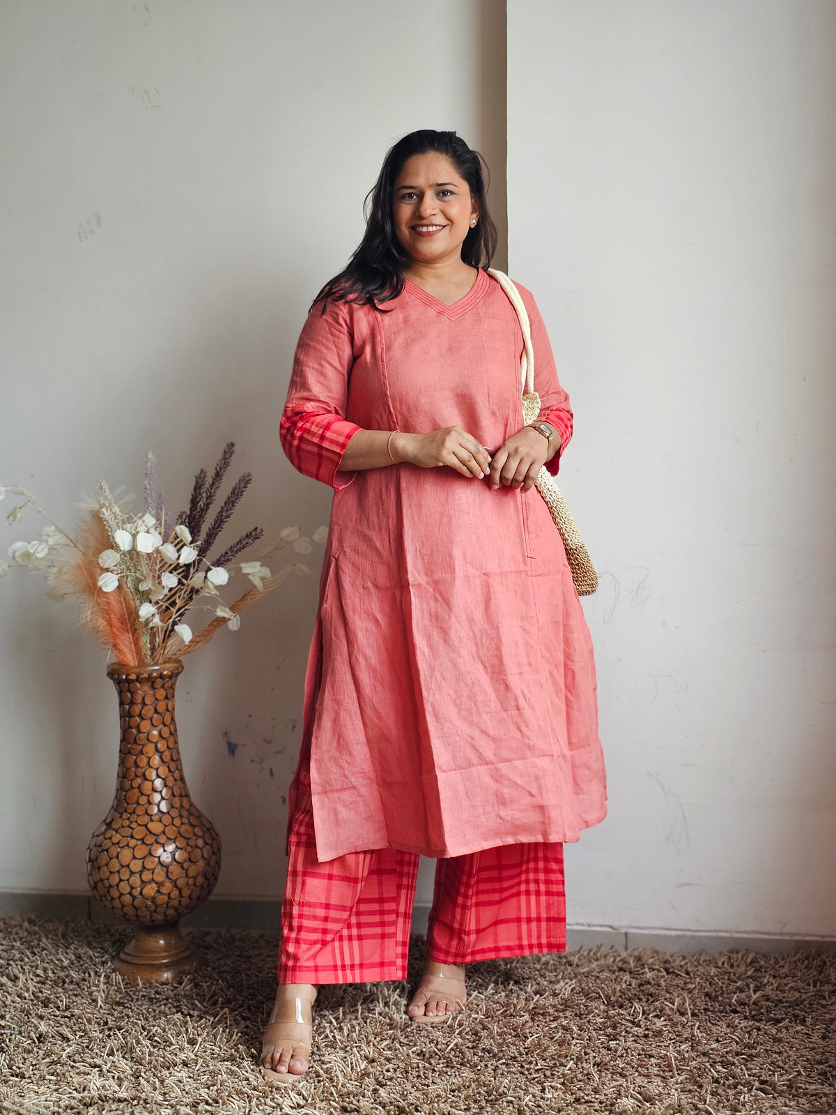 Peach & Red Checked Linen Plazo Set