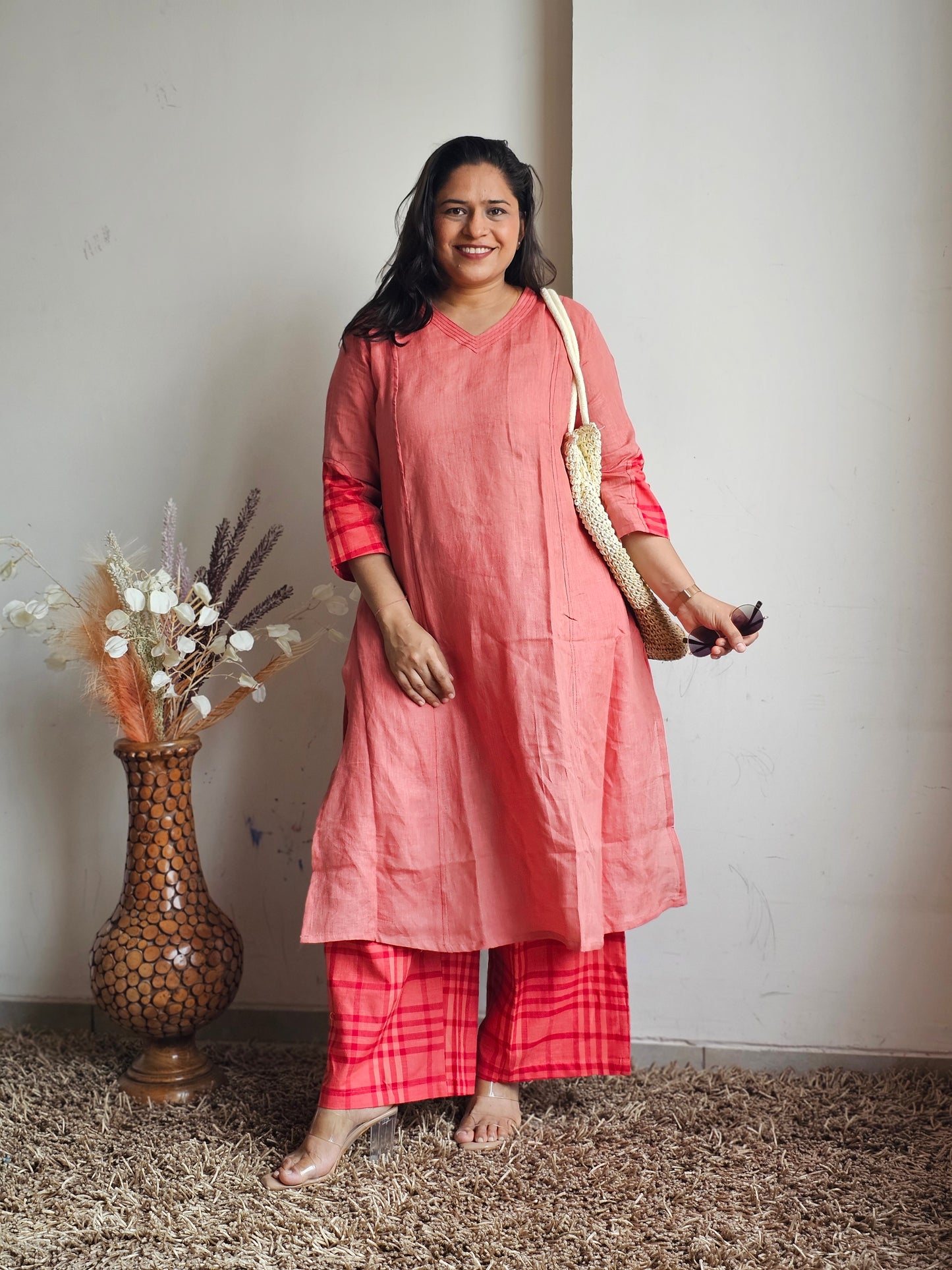 Peach & Red Checked Linen Plazo Set