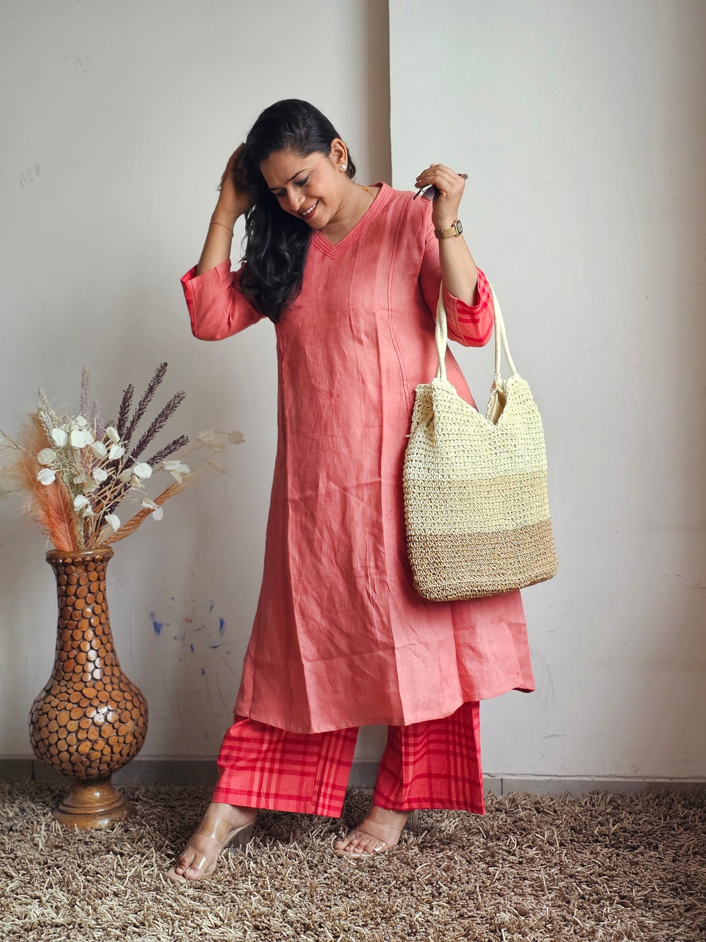 Peach & Red Checked Linen Plazo Set