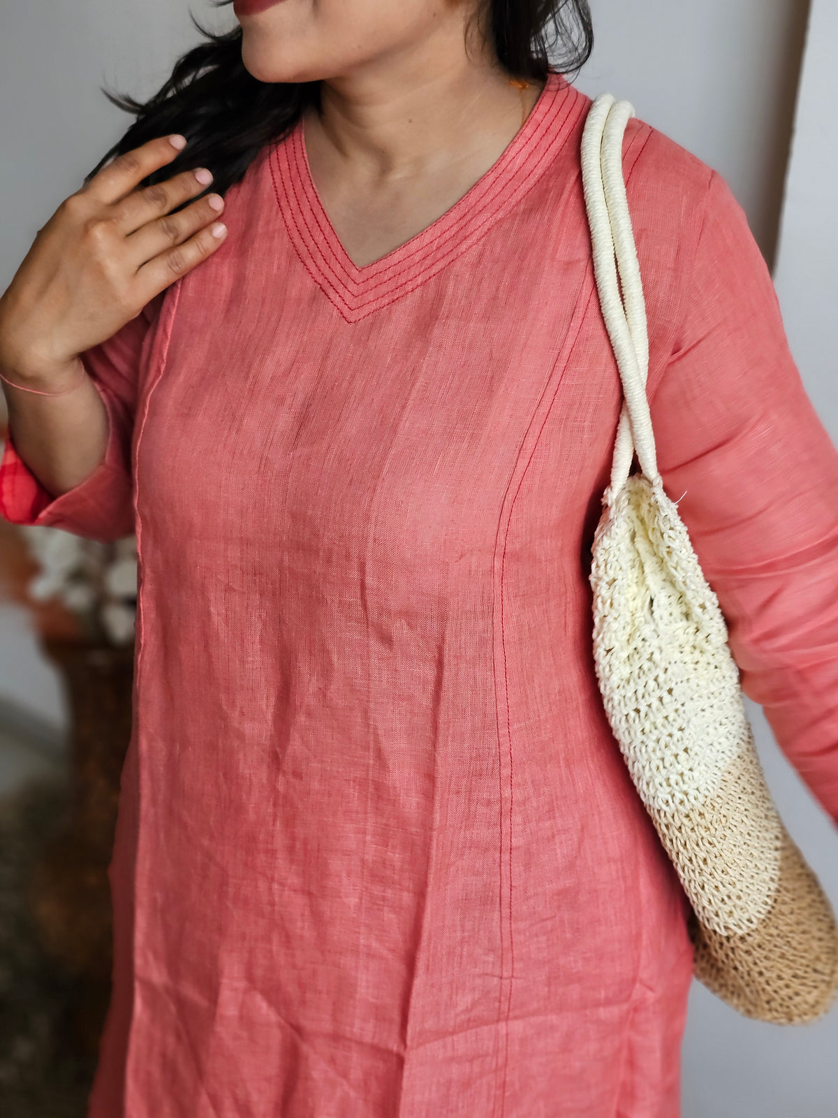 Peach & Red Checked Linen Plazo Set