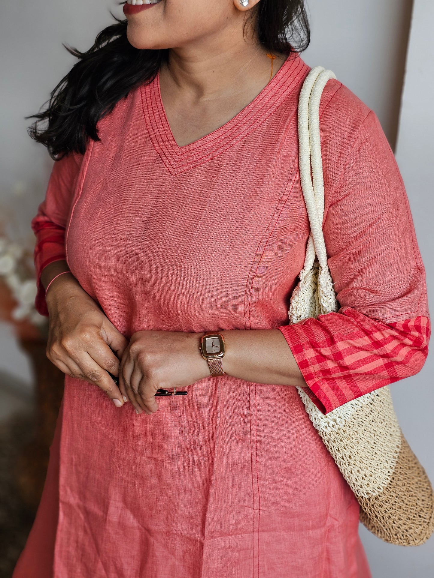 Peach & Red Checked Linen Plazo Set