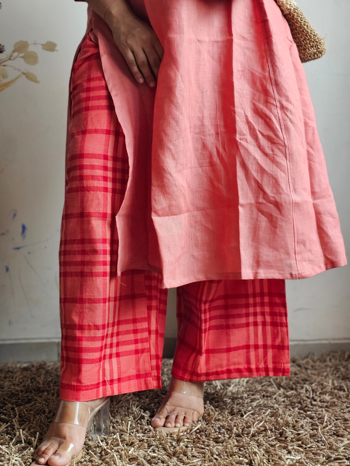 Peach & Red Checked Linen Plazo Set
