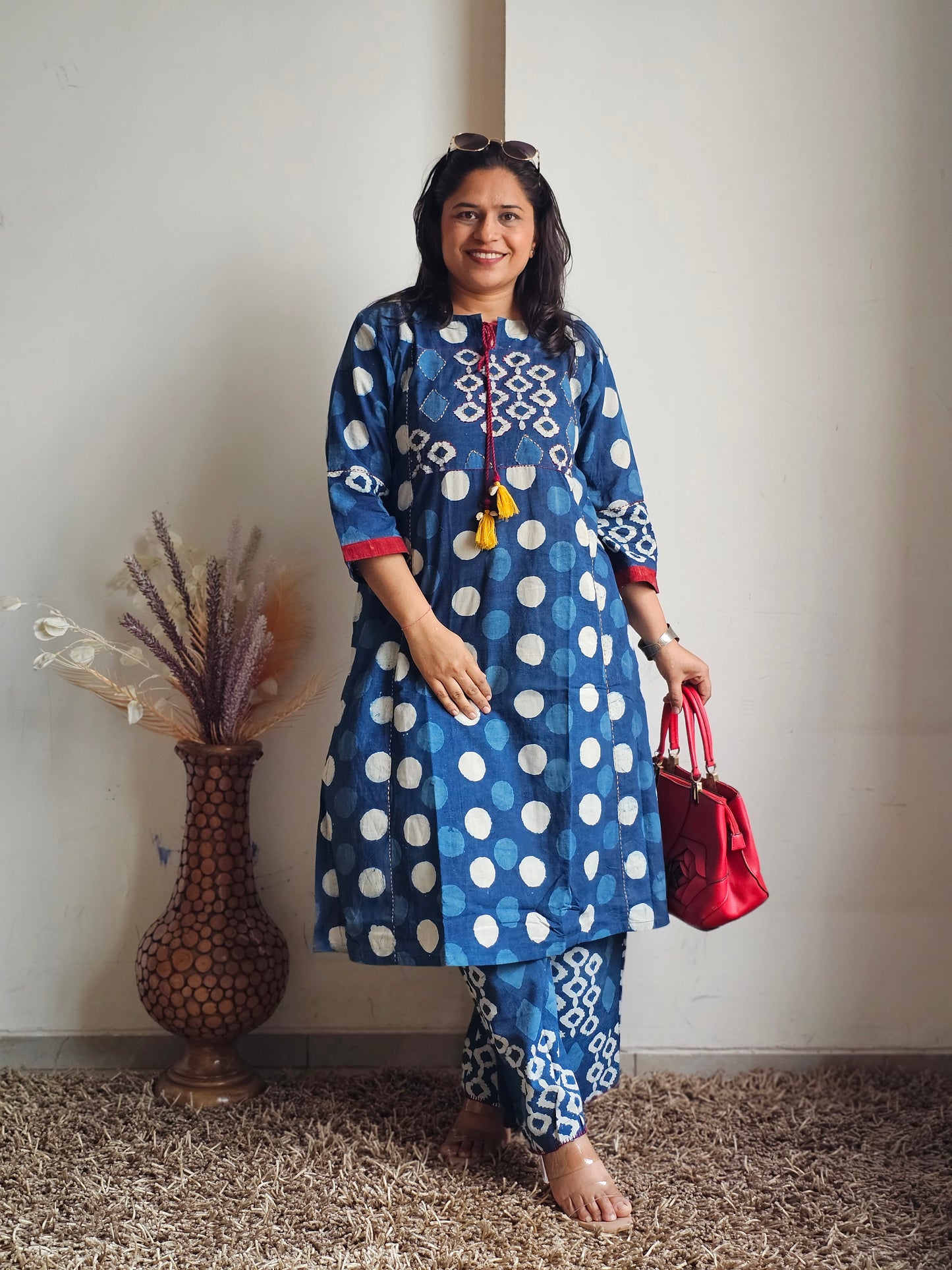 Indigo Polka Dot Print Kurta Set