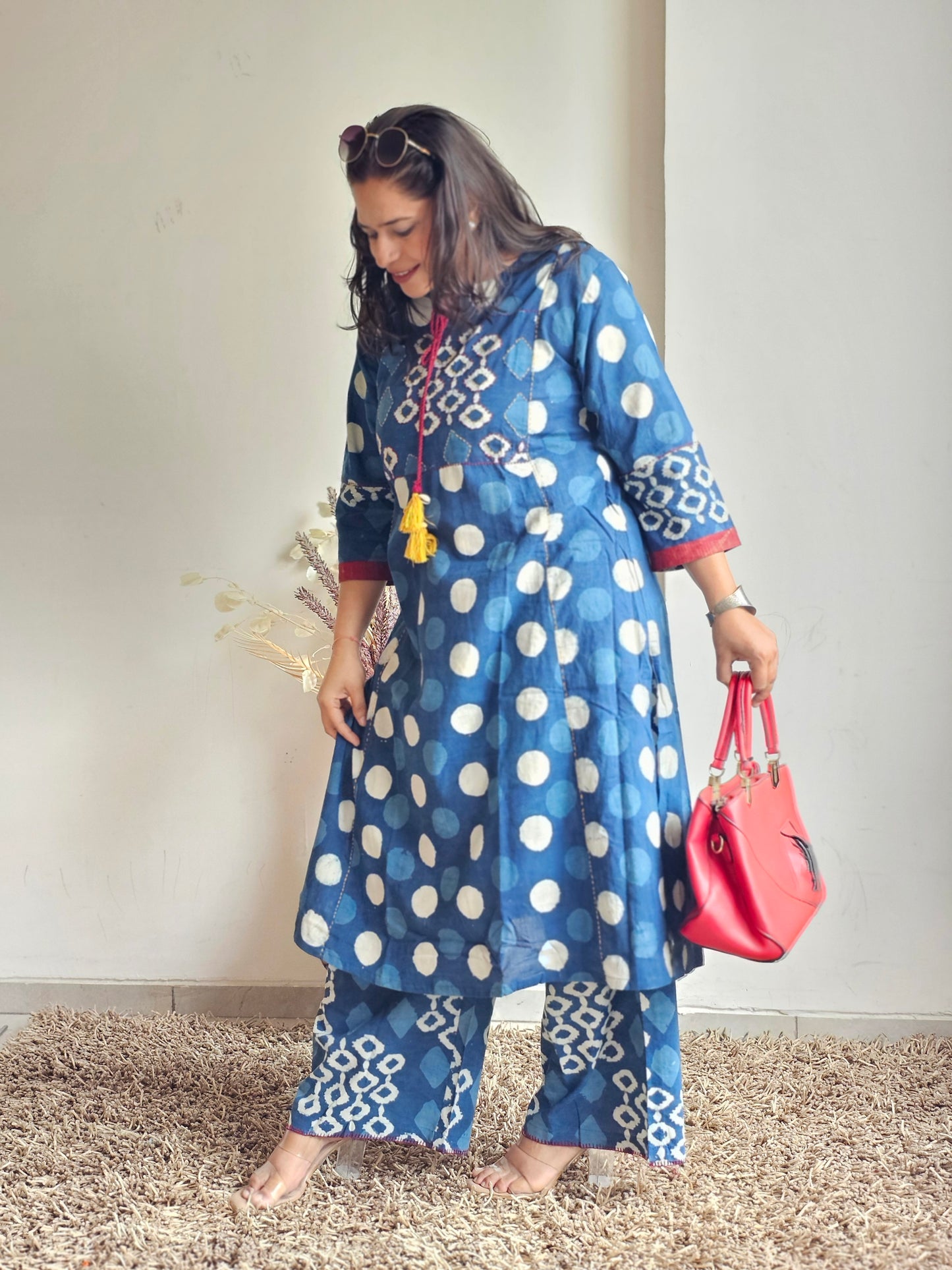 Indigo Polka Dot Print Kurta Set