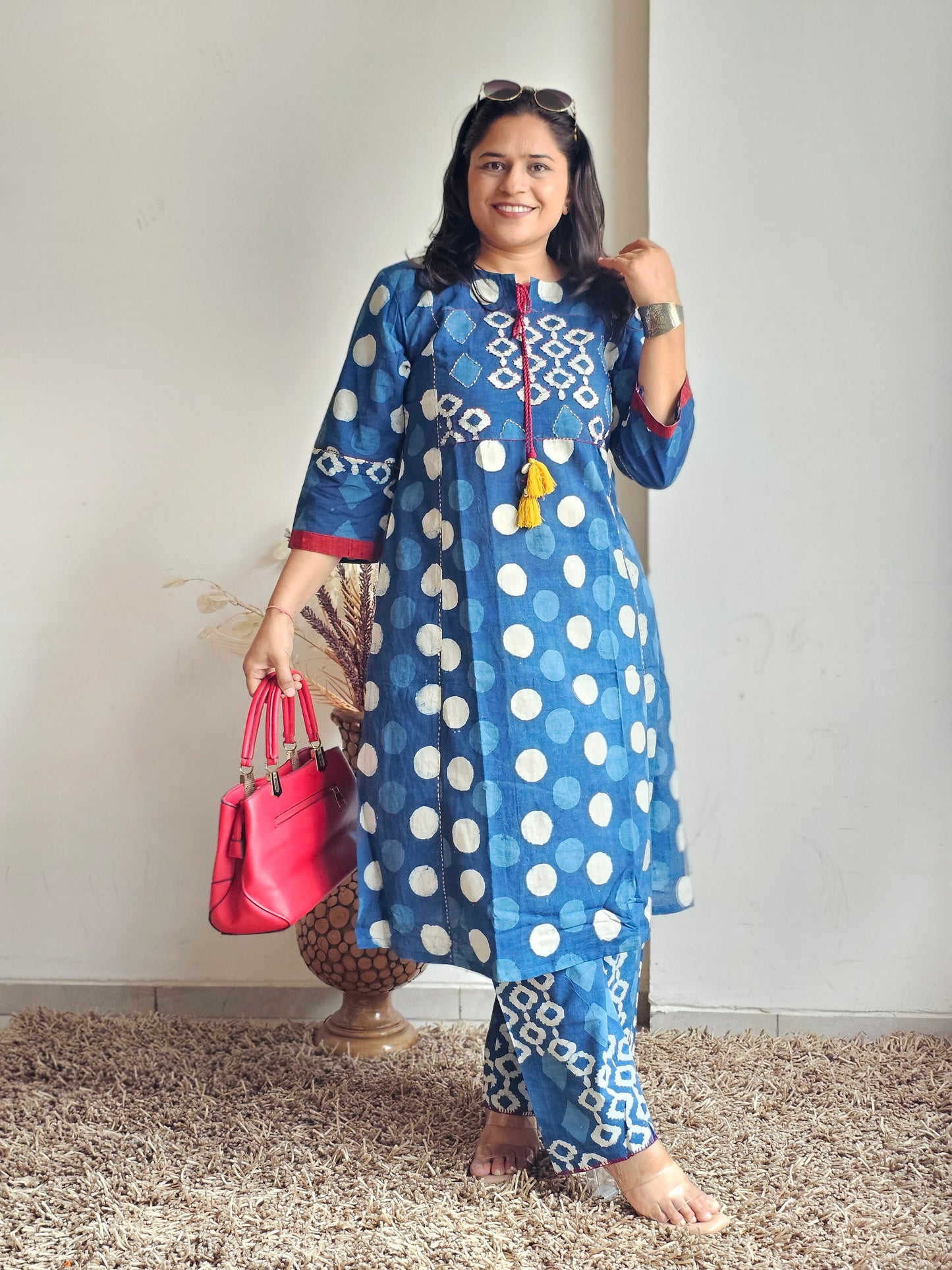 Indigo Polka Dot Print Kurta Set