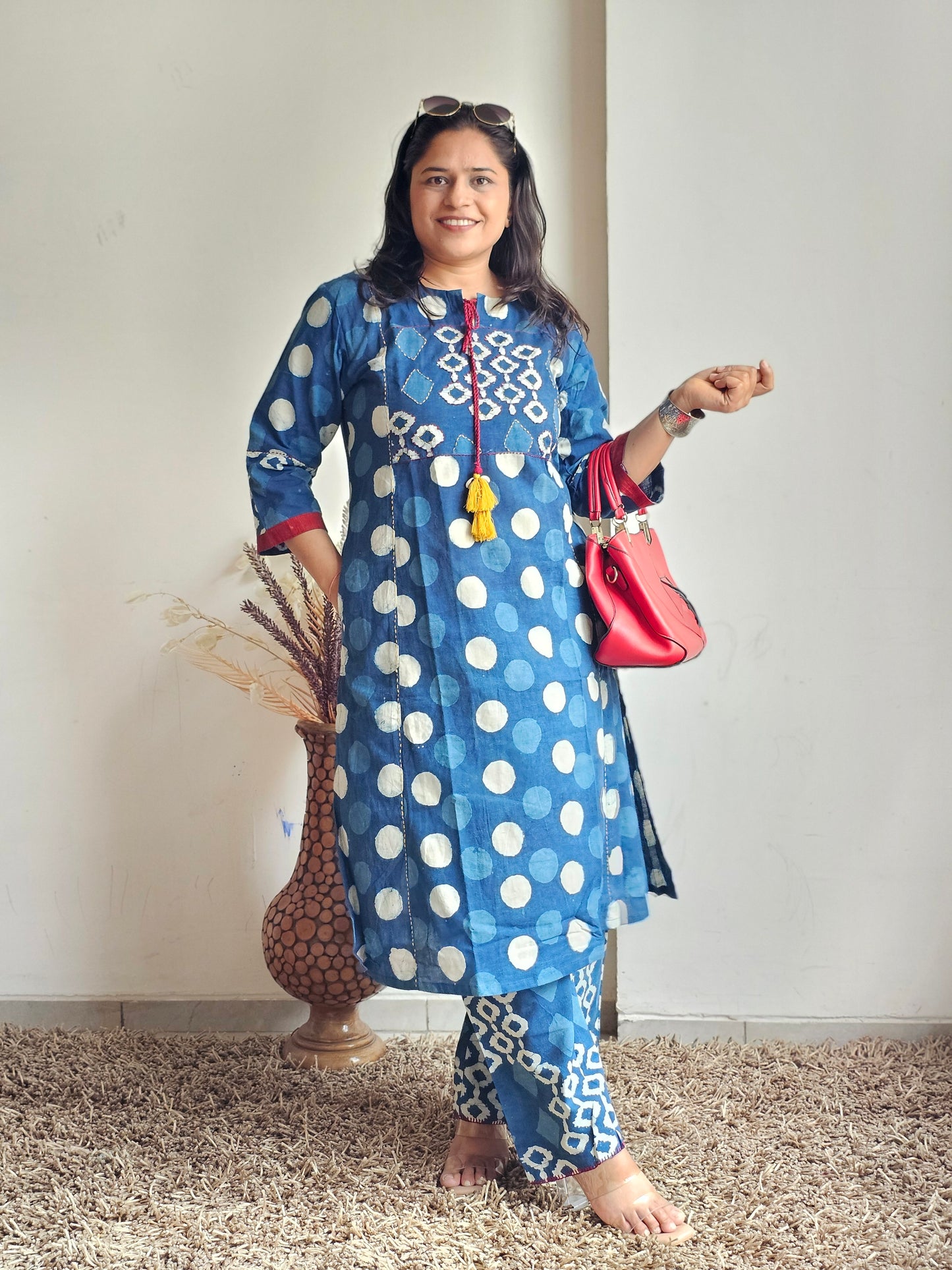 Indigo Polka Dot Print Kurta Set