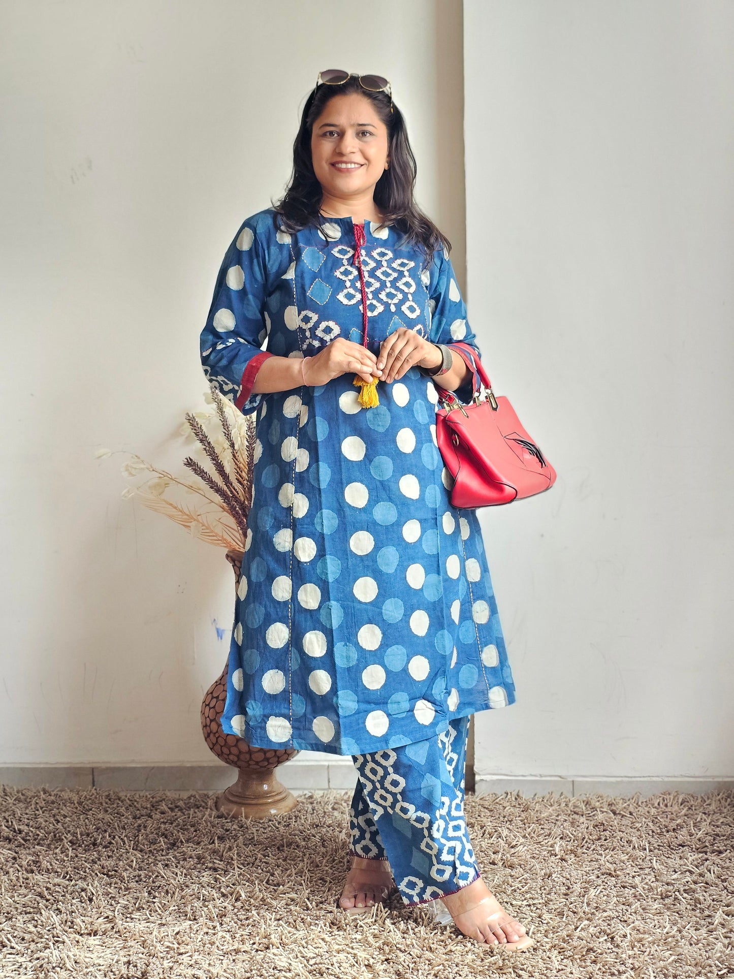 Indigo Polka Dot Print Kurta Set