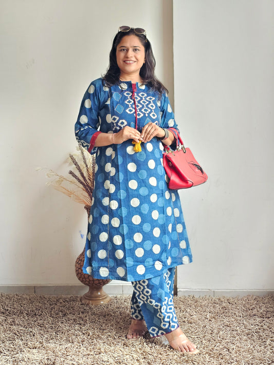 Indigo Polka Dot Print Kurta Set